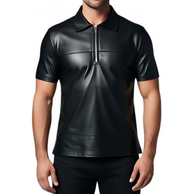 Tee shirt en cuir d'agneau noir avec ouverture par zip sur l'avant modèle Sime