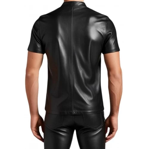 Tee shirt en cuir d'agneau noir avec ouverture par zip sur l'avant modèle Pako