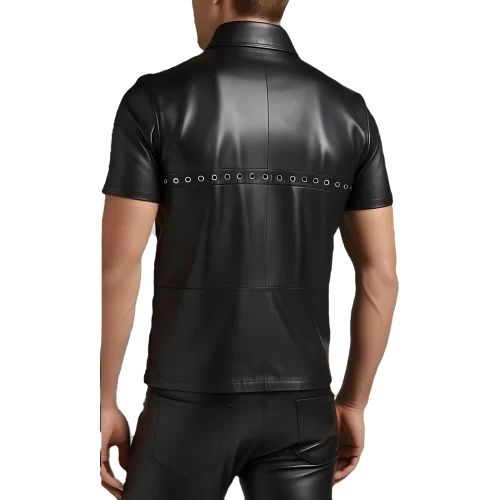 Tee shirt en cuir d'agneau noir avec ouverture par zip sur l'avant modèle Crown