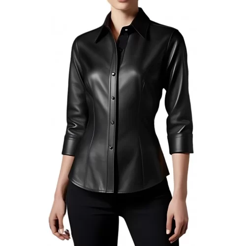 Chemise cuir femme manches trois quart en agneau cuir noir modèle Oruce
