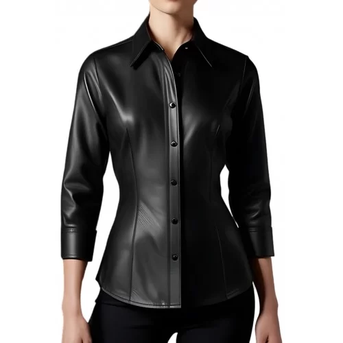 Chemise cuir femme manches trois quart en agneau cuir noir modèle Oruce