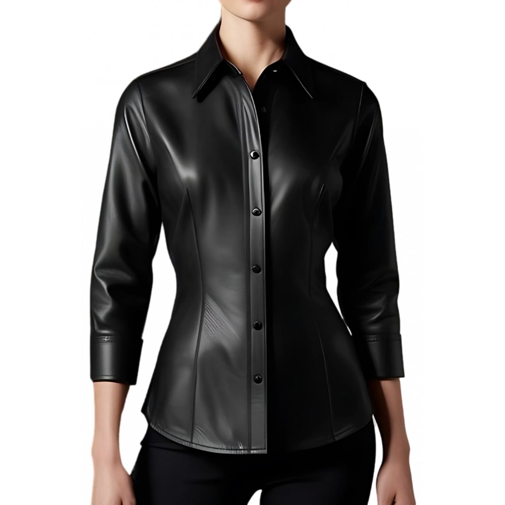 Chemise cuir femme manches trois quart en agneau cuir noir modèle Oruce