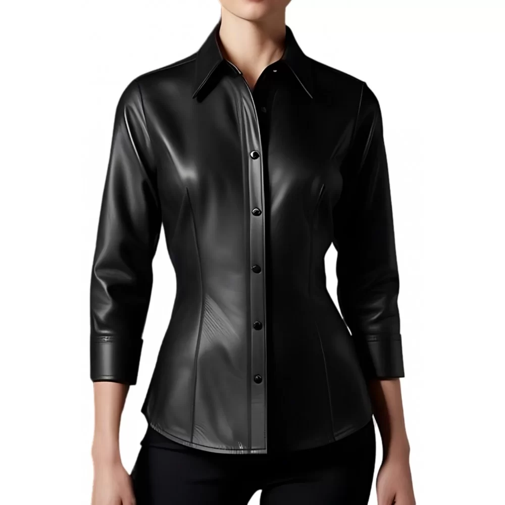 Chemise cuir femme manches trois quart en agneau cuir noir modèle Oruce