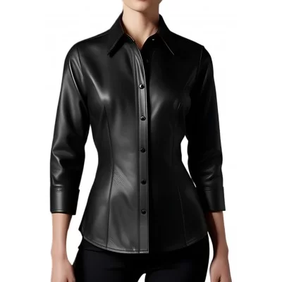 Chemise cuir femme manches trois quart en agneau cuir noir modèle Oruce
