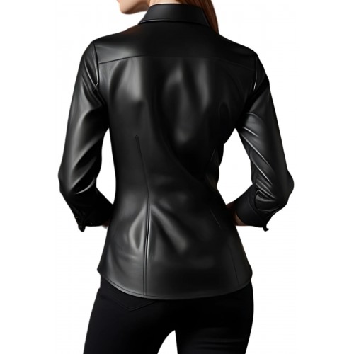 Chemise cuir femme manches trois quart en agneau cuir noir modèle Oruce