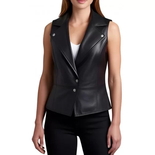 Gilet en cuir femme en agneau noir modèle Celcia