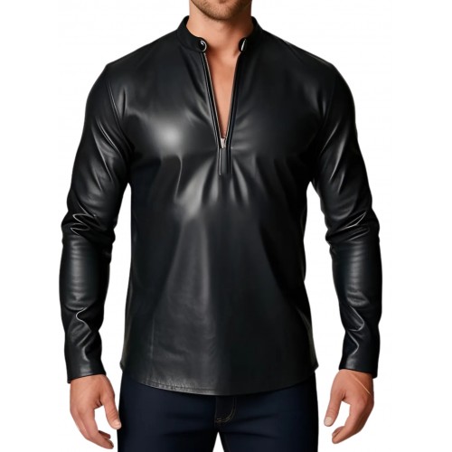 Tee shirt homme manches longues en cuir d'agneau noir modèle Pascal