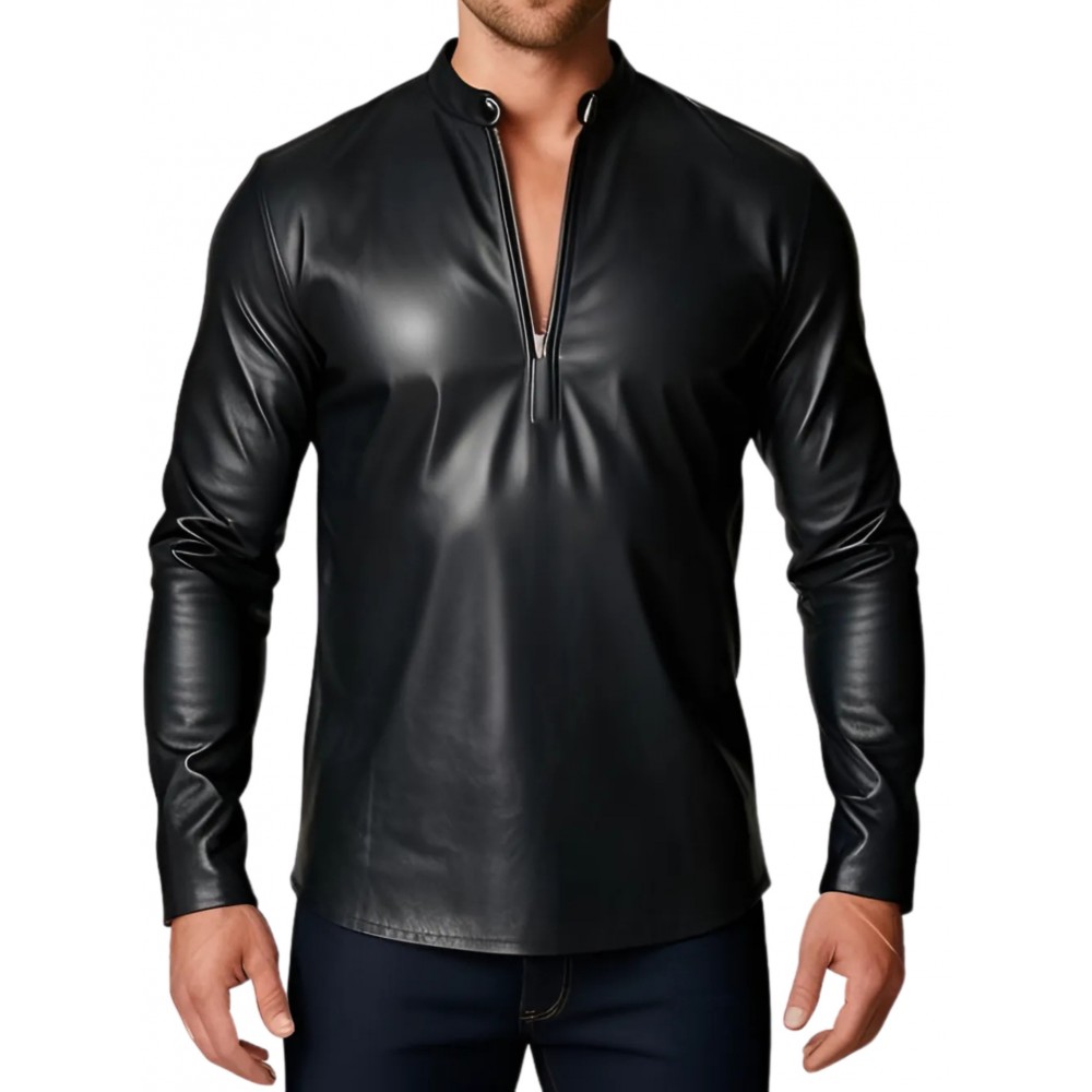 Tee shirt homme manches longues en cuir d'agneau noir modèle Pascal
