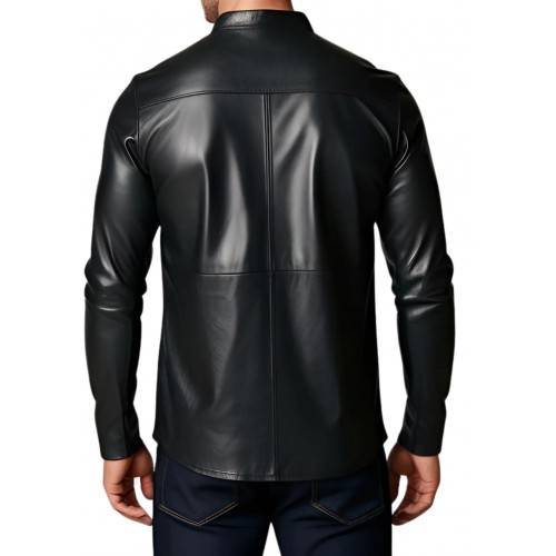 Tee shirt homme manches longues en cuir d'agneau noir modèle Pascal
