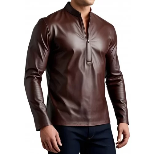 Tee shirt manches longue en cuir d'agneau marron modèle Philipine