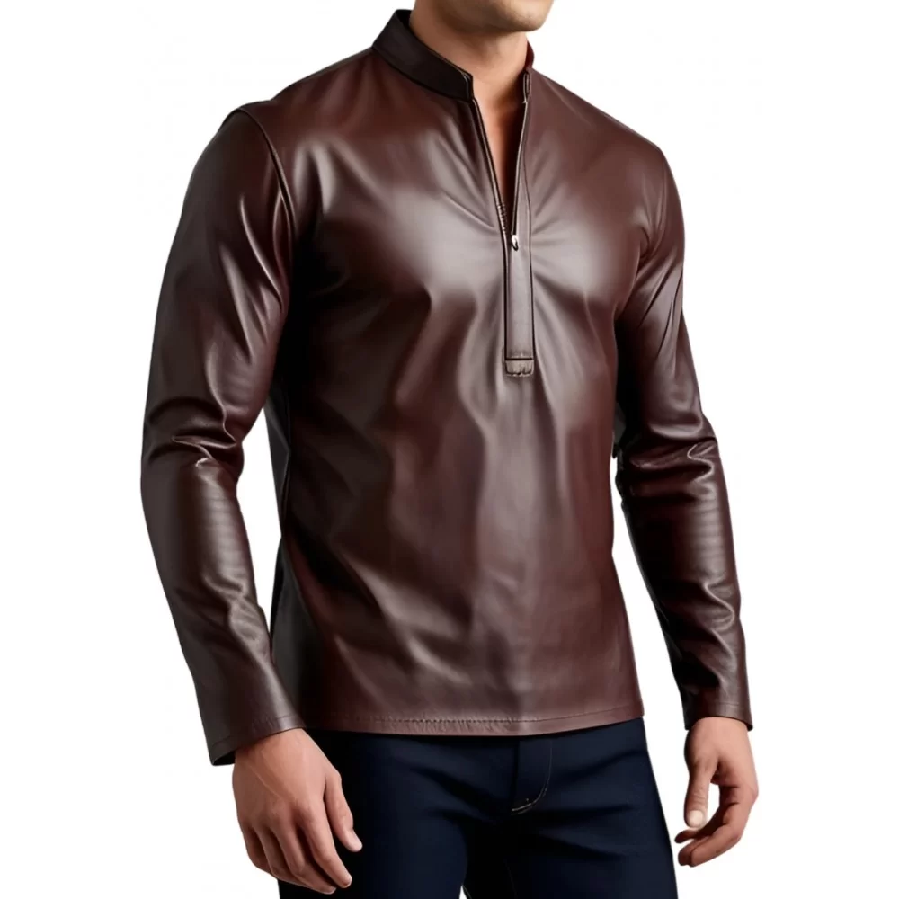 Tee shirt manches longue en cuir d'agneau marron modèle Philipine