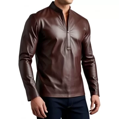 Tee shirt manches longue en cuir d'agneau marron modèle Philipine