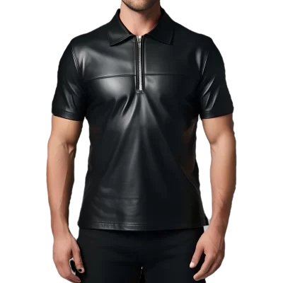 Polo en cuir d'agneau noir avec ouverture par zip sur l'avant modèle Daive