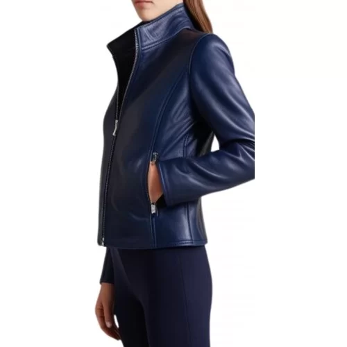 Blouson femme en cuir d'agneau couleur bleu modèle Anomie
