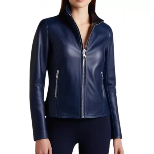 Blouson femme en cuir d'agneau couleur bleu modèle Anomie