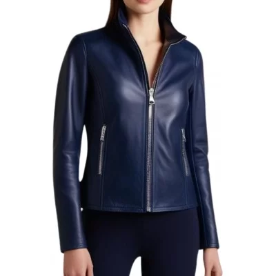 Blouson femme en cuir d'agneau couleur bleu modèle Anomie