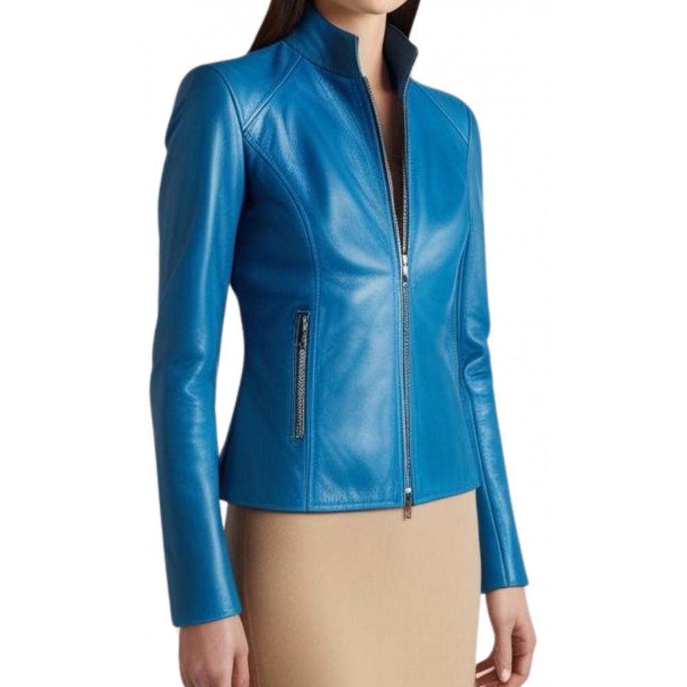 Blouson femme en cuir d'agneau couleur bleu clair modèle Zeria