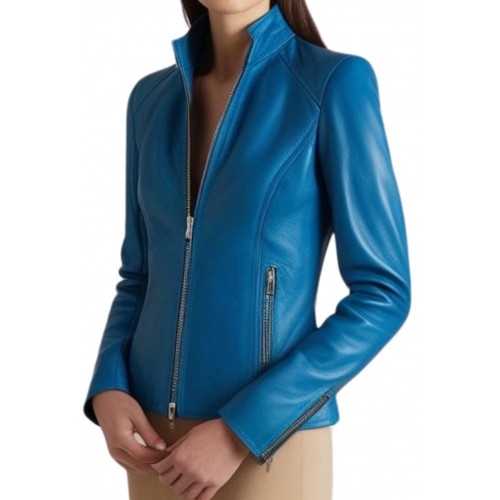 Blouson femme en cuir d'agneau couleur bleu clair modèle Zeria