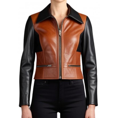 Blouson femme en cuir d'agneau bicolore noir et marron modèle Ora