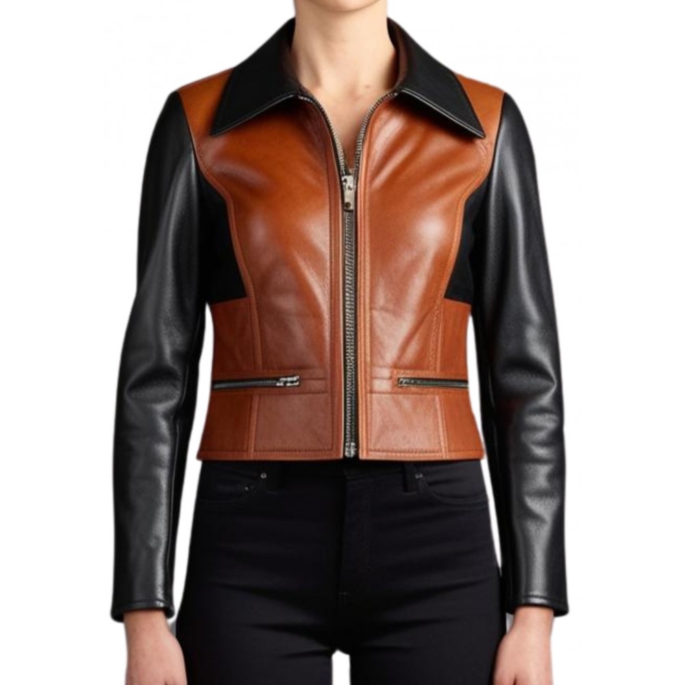 Blouson femme en cuir d'agneau bicolore noir et marron modèle Ora