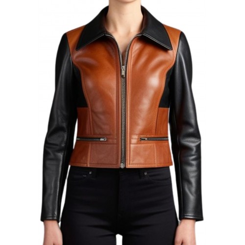 Blouson femme en cuir d'agneau bicolore noir et marron modèle Ora