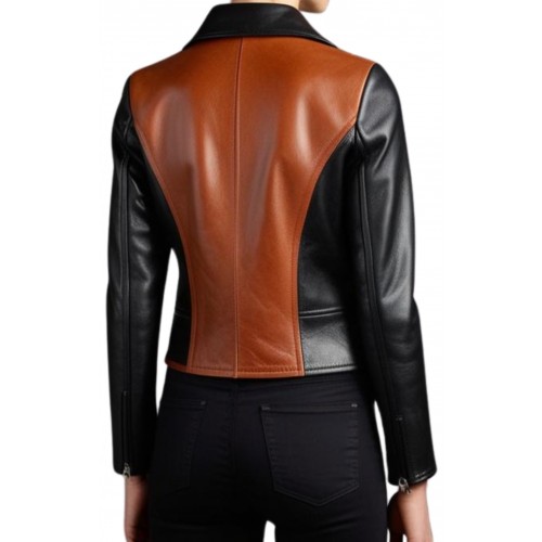 Blouson femme en cuir d'agneau bicolore noir et marron modèle Ora