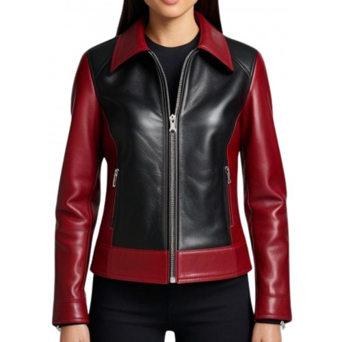 Blouson femme en cuir d'agneau bicolore noir et rouge modèle Linale