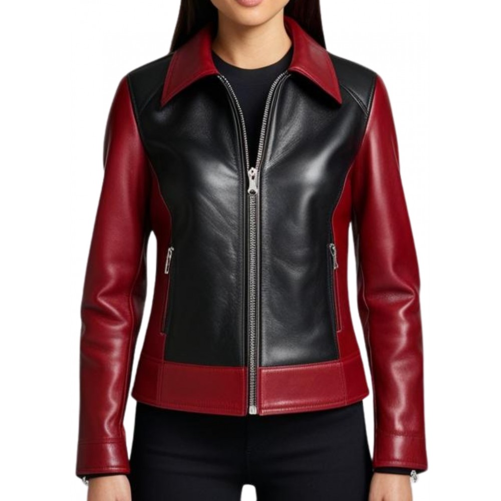 Blouson femme en cuir d'agneau bicolore noir et rouge modèle Linale