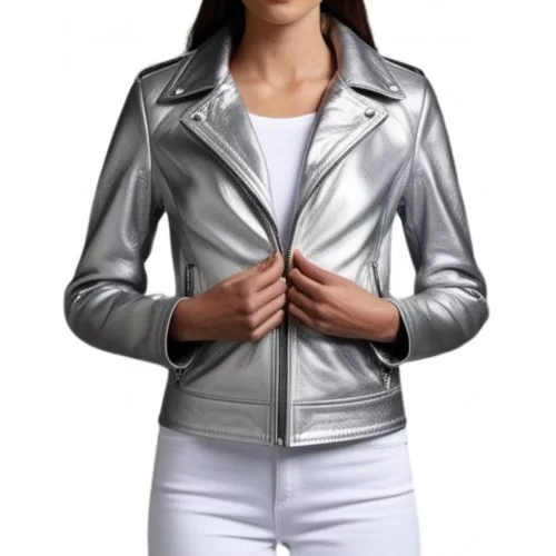 Blouson style perfecto cuir agneau argent modèle Prixel