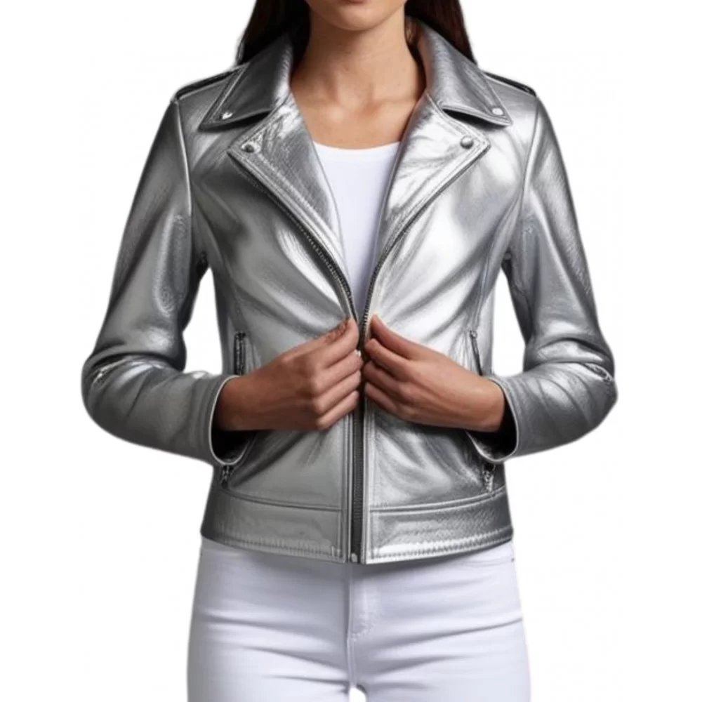 Blouson style perfecto cuir agneau argent modèle Prixel