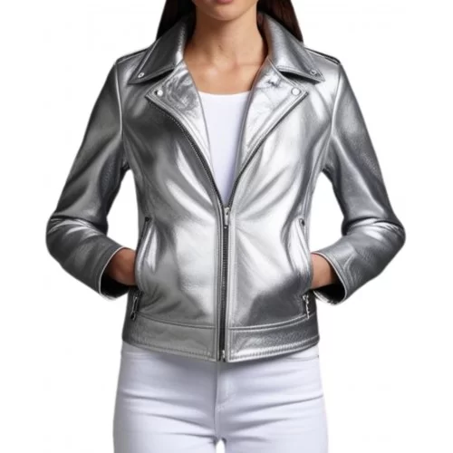 Blouson style perfecto cuir agneau argent modèle Prixel