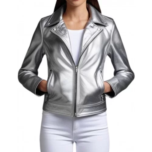 Blouson style perfecto cuir agneau argent modèle Prixel