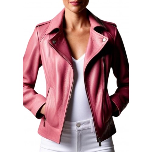 Blouson perfecto en cuir d'agneau rose modèle Xaola