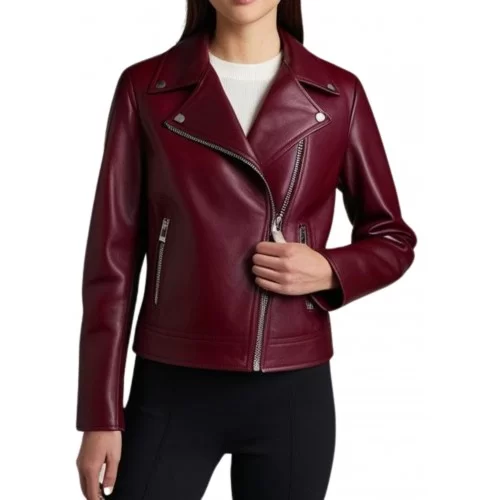 Blouson style perfecto cuir d'agneau bordeaux modèle Milady
