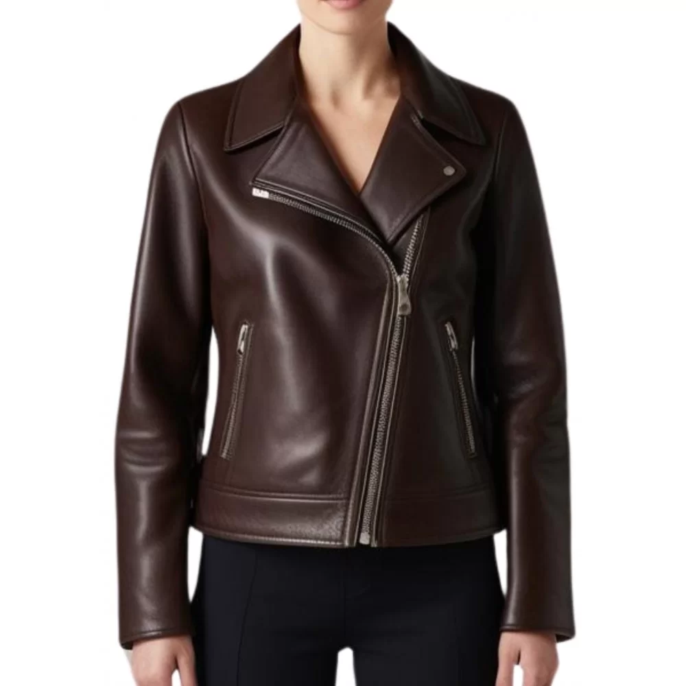 Blouson style perfecto cuir d'agneau marron chocolat modèle Frizzia