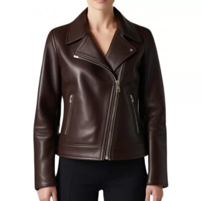 Blouson style perfecto cuir d'agneau marron chocolat modèle Frizzia