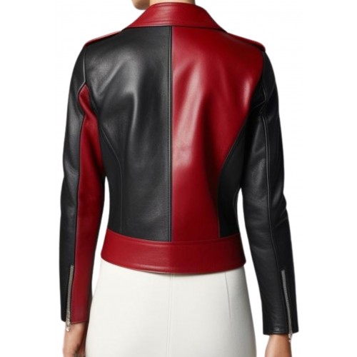 Blouson style perfecto bicolore en cuir d'agneau noir et rouge modèle Oracilia