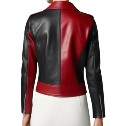 Blouson style perfecto bicolore en cuir d'agneau noir et rouge modèle Oracilia