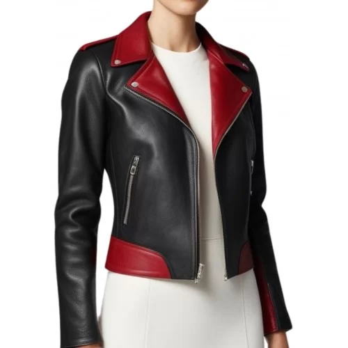 Blouson style perfecto bicolore en cuir d'agneau noir et rouge modèle Oracilia