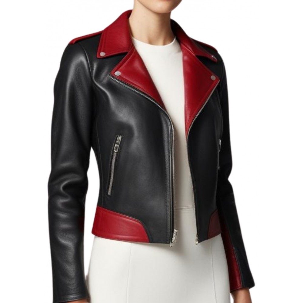 Blouson style perfecto bicolore en cuir d'agneau noir et rouge modèle Oracilia