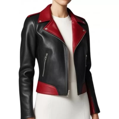 Blouson style perfecto bicolore en cuir d'agneau noir et rouge modèle Oracilia