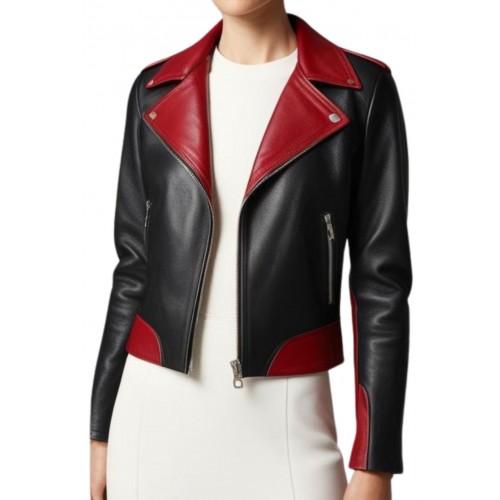 Blouson style perfecto bicolore en cuir d'agneau noir et rouge modèle Oracilia