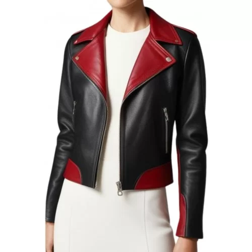 Blouson style perfecto bicolore en cuir d'agneau noir et rouge modèle Oracilia
