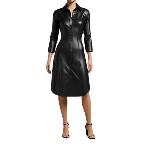 Robe chemise manches 2/3 en cuir d'agneau noir modèle Trini