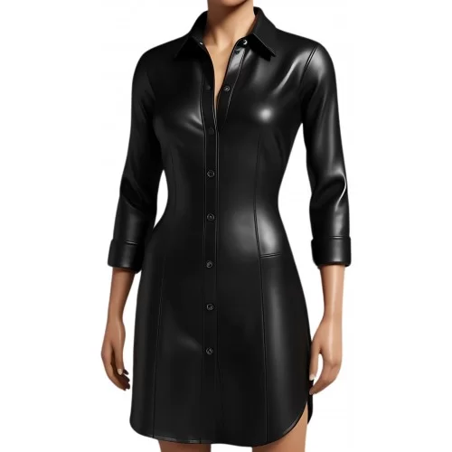 Robe chemise manches 2/3 en cuir d'agneau noir modèle Trini