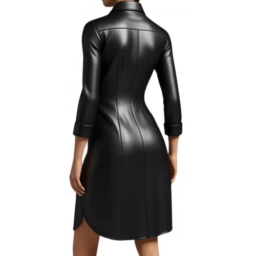 Robe chemise manches 2/3 en cuir d'agneau noir modèle Trini