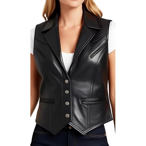 Gilet en cuir femme type western en agneau noir modèle Westame