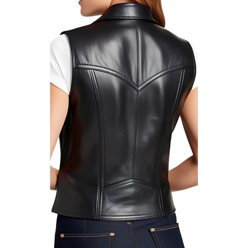 Gilet en cuir femme type western en agneau noir modèle Westame