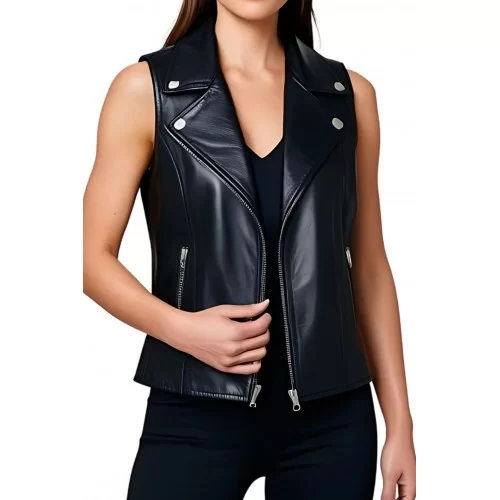 Gilet en cuir femme style perfecto en agneau noir modèle Alonzia