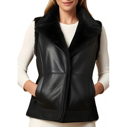 Gilet en cuir femme en agneau noir col et tour de bras mouton retourné modèle Yvanale